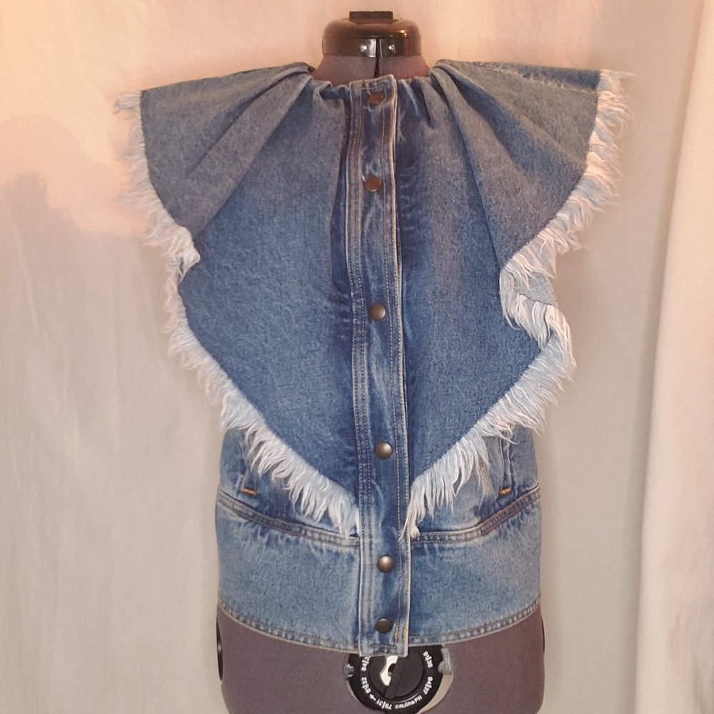 Denim Snap Up Vest with Frayed V Wing